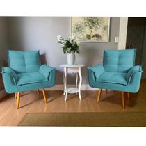 Kit 2 Poltrona Decorativa Gran Opala Suede Azul Turquesa para Sala de Estar Luxo Escritório Quarto