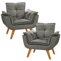 Kit 2 Poltrona Decorativa Gran Opala Suede Cinza para Sala de Estar Luxo Escritório Quarto