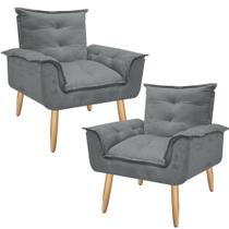 Kit 2 Poltrona Decorativa Gran Opala Suede Cinza para Sala de Estar Luxo Escritório Quarto