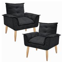 Kit 2 Poltrona Decorativa Gran Opala Suede Preto para Sala de Estar Luxo Escritório Quarto