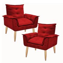 Kit 2 Poltrona Decorativa Gran Opala Suede Vermelho para Sala de Estar Luxo Escritório Quarto