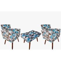 Kit 2 Poltrona Decorativa Nina C/R + Puff Banqueta Retangular Triângulo Azul Kit 2 Poltrona Decorativa Nina C/R + Puff Banqueta Retangular Triângulo Azul