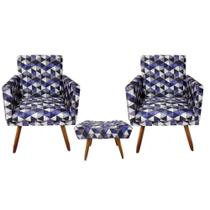 Kit 2 Poltrona Decorativa Nina C/R + Puff Banqueta Retangular Triângulo Roxo