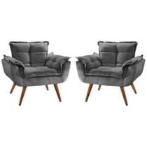 Kit 2 Poltrona Decorativa Opala Suede Cinza RR Decor