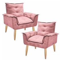 Kit 2 Poltrona Decorativa Opala Suede Rosa para Sala de Estar Luxo Escritório Quarto