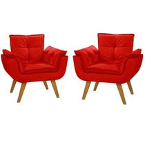 Kit 2 Poltrona Decorativa Opala Suede Vermelho para Sala de Estar Luxo Escritório Quarto