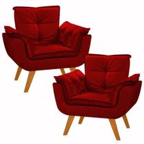 Kit 2 Poltrona Decorativa Opala Suede Vermelho para Sala de Estar Luxo Escritório Quarto