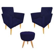 Kit 2 Poltrona Decorativa + Puff Maitê Matelassê Estilo Nina Suede Azul Marinho