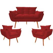 Kit 2 Poltrona + Namoradeira Opala Decorativa Reforçada Recepção Clínica Salão Sala de Estar Suede Vermelho