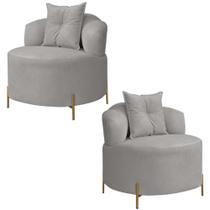 Kit 2 Poltrona Orgânica Curva Com Pés De Metal Grecia Linho Bouclê Cinza