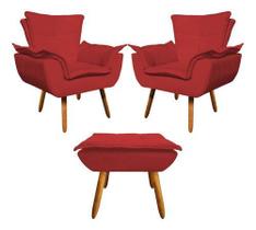 Kit 2 Poltrona+puff Opala Cadeira Retro Suede Vermelho