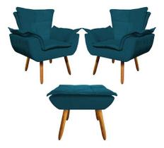 Kit 2 Poltrona+puff Opala Recepção Salão Suede Azul Marinho