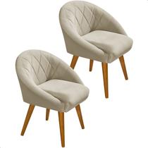Kit 2 Poltrona Sala Decorativa Louis Veludo Bege Pés Palito Castanho