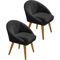 Kit 2 Poltrona Sala Decorativa Louis Veludo Preto Pés Palito Castanho