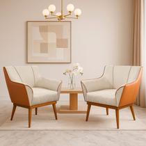 Kit 2 Poltrona Sala Liz Linho Bege e material sintético Caramelo Base Madeira Castanho