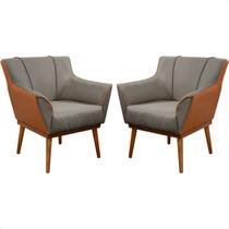 Kit 2 Poltrona Sala Liz Linho Cinza e material sintético Caramelo Base Madeira Castanho