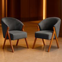 Kit 2 Poltrona Sala Yumi Veludo Cinza Pés Madeira Maciça Castanho