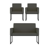 Kit 2 Poltrona + Sofá 2 Lugares com Base Ferro Preta material sintético Kit 2 Poltrona + Sofá 2 Lugares com Base Ferro Preta material sintético