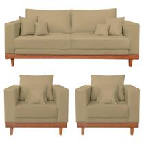 Kit 2 Poltrona + Sofá 3 Lugares Reforçado Base Madeira Suede
