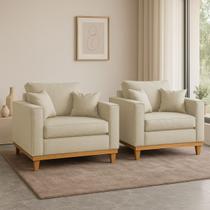 Kit 2 Poltrona Sofa Benny com Almofada Linho Base de Madeira Castanho