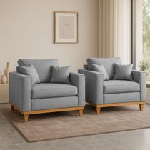 Kit 2 Poltrona Sofa Benny com Almofada Linho Base de Madeira Castanho