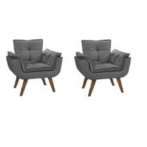 Kit 2 Poltrona Suede Grafite Cadeira Decorativa Opala Sala Recepção Pés Imbuia - Bela Decor
