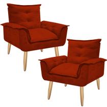 Kit 2 Poltrona Suede Vermelha Cadeira Decorativa Dani Sala Recepção Pés Caramelo