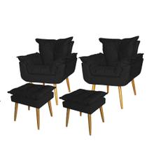 kit 2 Poltronas+2 Puff Opala Decorativo para Sala e Recepção Suede Preta