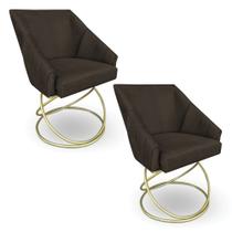 Kit 2 Poltronas Alana Suede Marrom Base Luxo Dourado - Pallazio