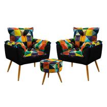 Kit 2 Poltronas Almofadadas Opala com Puff Solar Sued Estampado Colorido com Preto Aradecor Kit 2 Poltronas Almofadadas Opala com Puff Solar Sued Estampado Colorido com Preto Aradecor