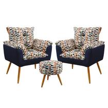 Kit 2 Poltronas Almofadadas Opala com Puff Solar Sued Estampado Laranja com Azul Marinho Aradecor