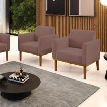 Kit 2 Poltronas Base de Madeira Fixa Castanho Marisa Veludo Rosê