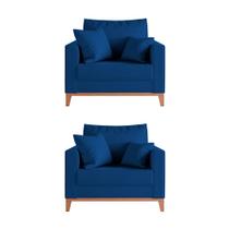 Kit 2 Poltronas Beny para Recepção com 2 Almofadas Veludo Azul Base em Madeira Maciça