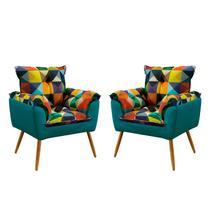 Kit 2 Poltronas Beta Suede Estampado Colorido com Azul Turquesa Aradecor
