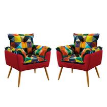 Kit 2 Poltronas Beta Suede Estampado Colorido com Vermelho Aradecor