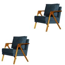 kit 2 Poltronas Cadeira Mona Luxo Recepção - Suede Azul Marinho - Divini Decor