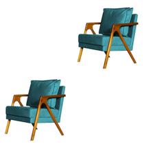 kit 2 Poltronas Cadeira Mona Luxo Recepção - Suede Azul Turquesa