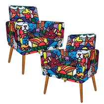 Kit 2 Poltronas Cadeiras Decorativas Nina Suede Estampado Romero Brito pés palito castanho - B2Y Magazine