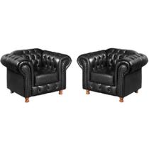 Kit 2 Poltronas Chesterfield Luís XV Vintage Retrô Capitonê Couro Preto