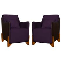 Kit 2 Poltronas Composê Heloisa Couro Marrom Veludo Roxo