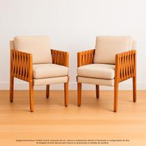 Kit 2 Poltronas Cordova de Madeira Maciça com Estofado em Linho Design Sofisticado Decoração para Sala Estar Escritório Recepção Almofadas