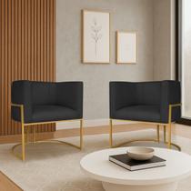 Kit 2 Poltronas Dália Luxo Moderna Estofada Design Sofisticado com Base de Ferro Dourado Linho