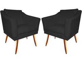 Kit 2 Poltronas Decorativa Agatha Couro Preto Pés Madeira Mz Decor