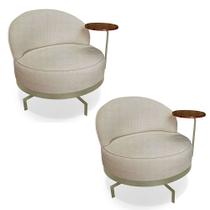 Kit 2 Poltronas Decorativa Andromeda Linho Bouclê Bege Base Giratória de Ferro - Pallazio