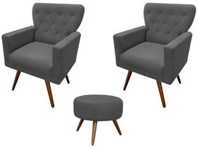 Kit 2 Poltronas Decorativa Aurora + 1 Puff Redondo Suede Cinza Pés Madeira Ms Decor