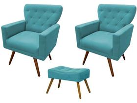 Kit 2 Poltronas Decorativa Aurora + 1 Puff Retangular Suede Azul Turquesa Pés Madeira Ms Decor