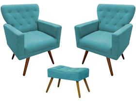Kit 2 Poltronas Decorativa Aurora + 1 Puff Retangular Suede Azul Turquesa Pés Madeira Mz Decor