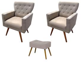 Kit 2 Poltronas Decorativa Aurora + 1 Puff Retangular Suede Bege Pés Madeira Ms Decor