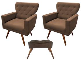Kit 2 Poltronas Decorativa Aurora + 1 Puff Retangular Suede Marrom Pés Madeira Ms Decor
