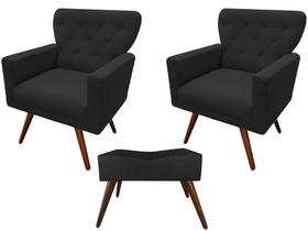 Kit 2 Poltronas Decorativa Aurora + 1 Puff Retangular Suede Preto Pés Madeira Ms Decor